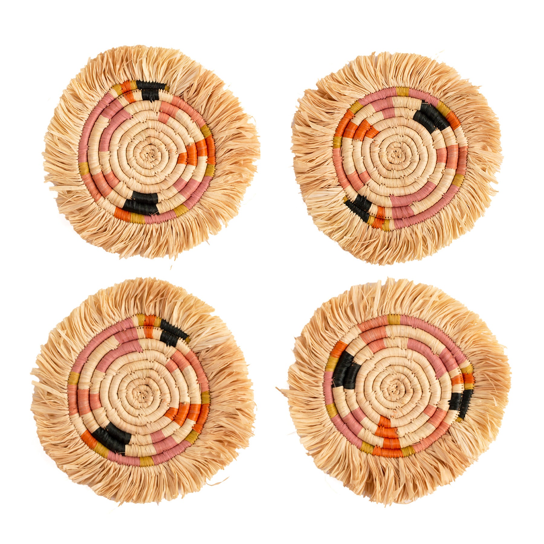 Set of 4 African Seratonia coasters with natural fiber fringes 