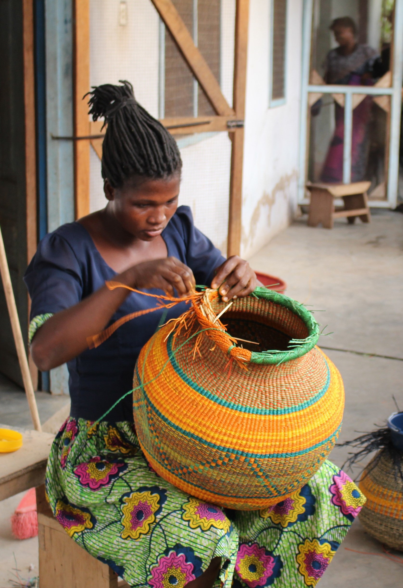 African Tiny Jemima Pink and Mustard Natural Fiber Basket 