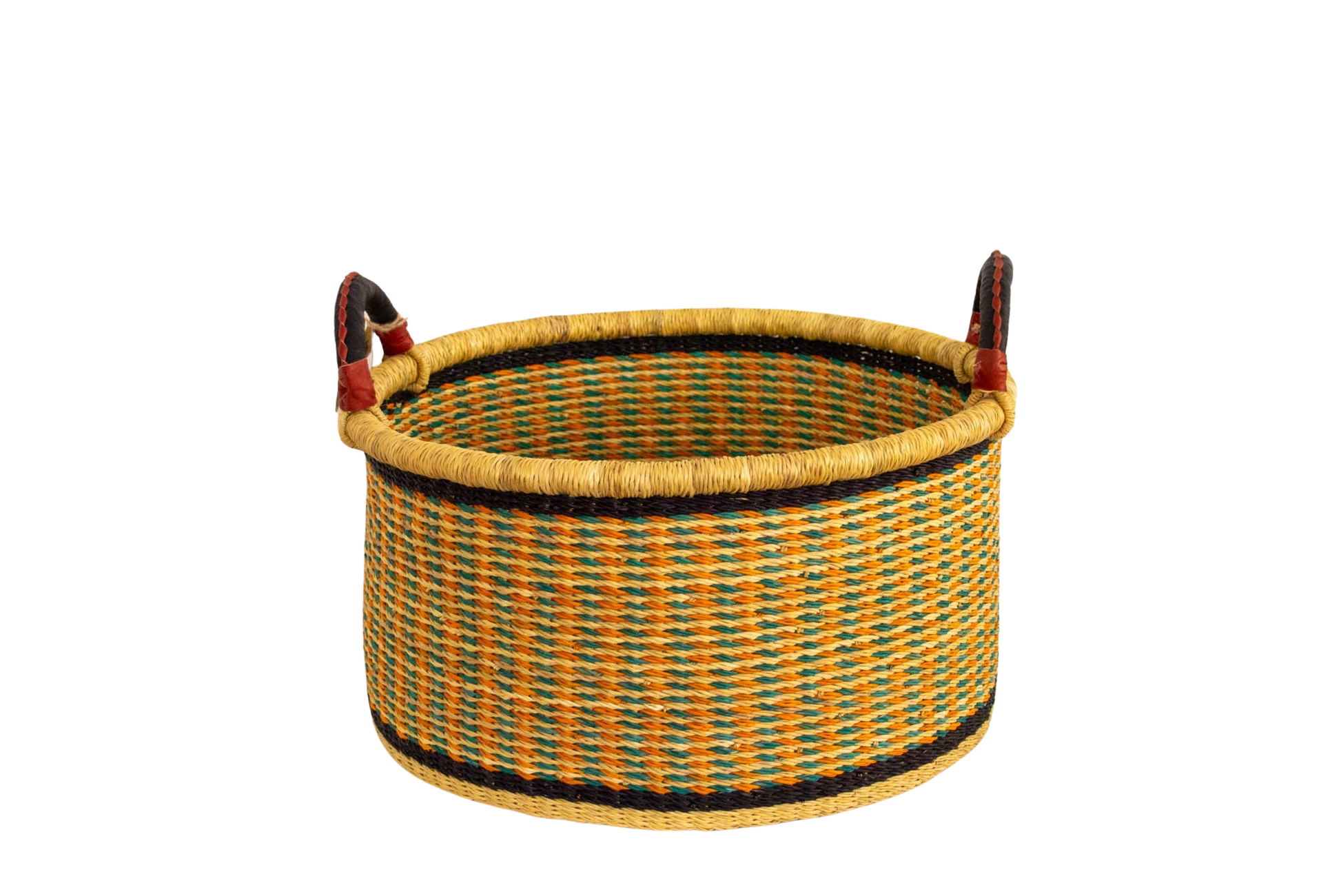 Cesta africana Half Laundry turquesa y naranja de fibra natural