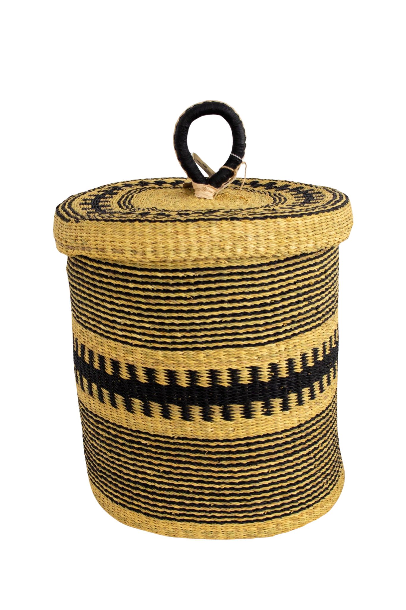Cesta africana Laundry con tapa black stripe de fibra natural