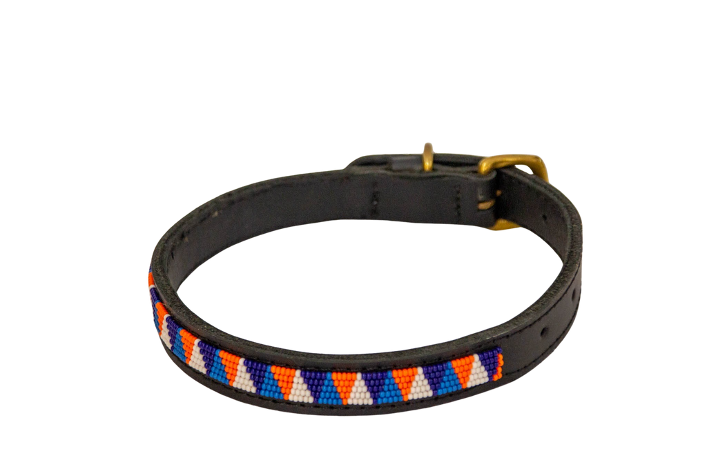 Collar de perro Maasai azul, naranja y blanco