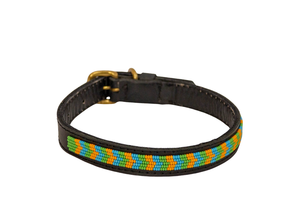 Collar de perro Maasai verde, amarillo y azul