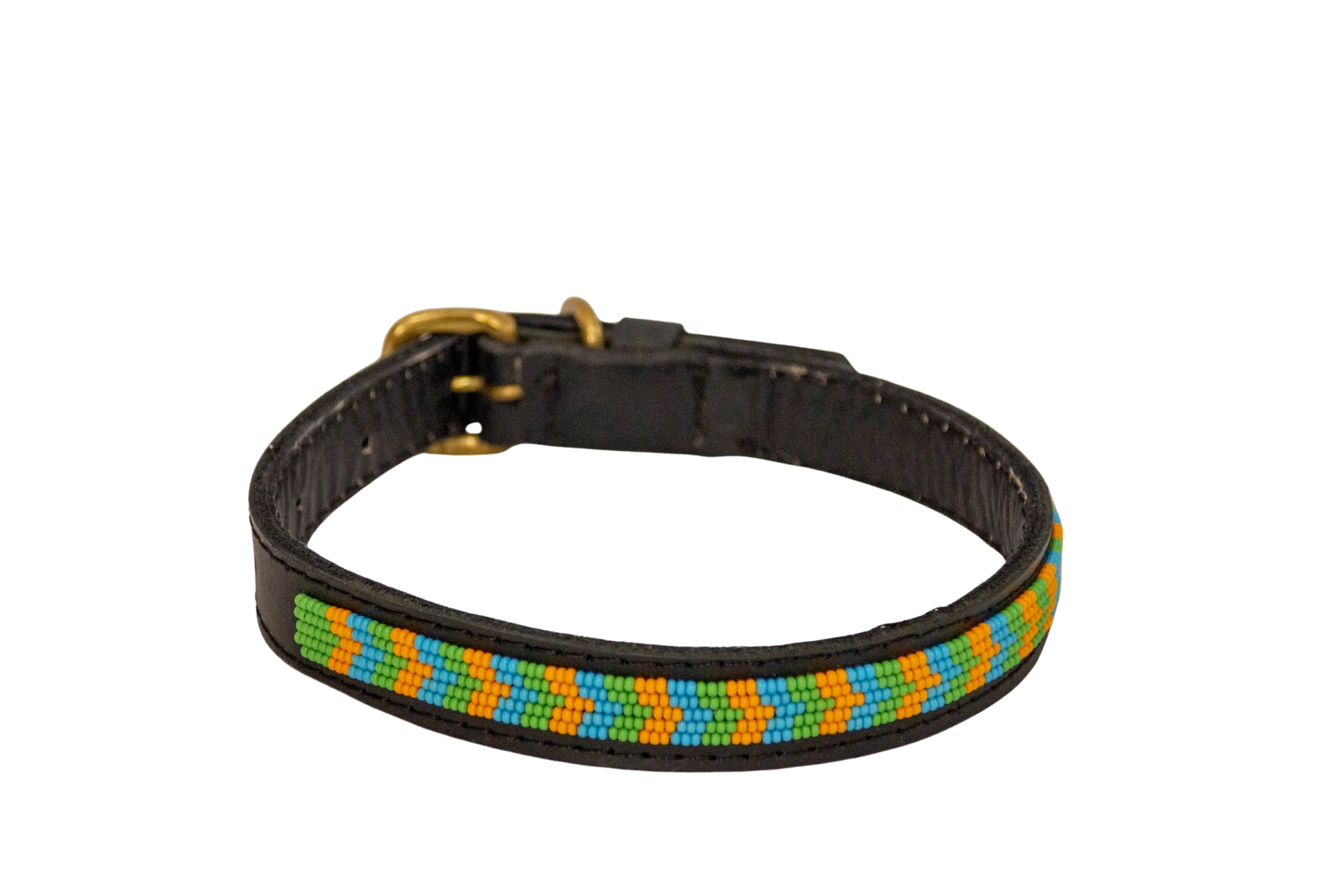 Collar de perro Maasai verde, amarillo y azul