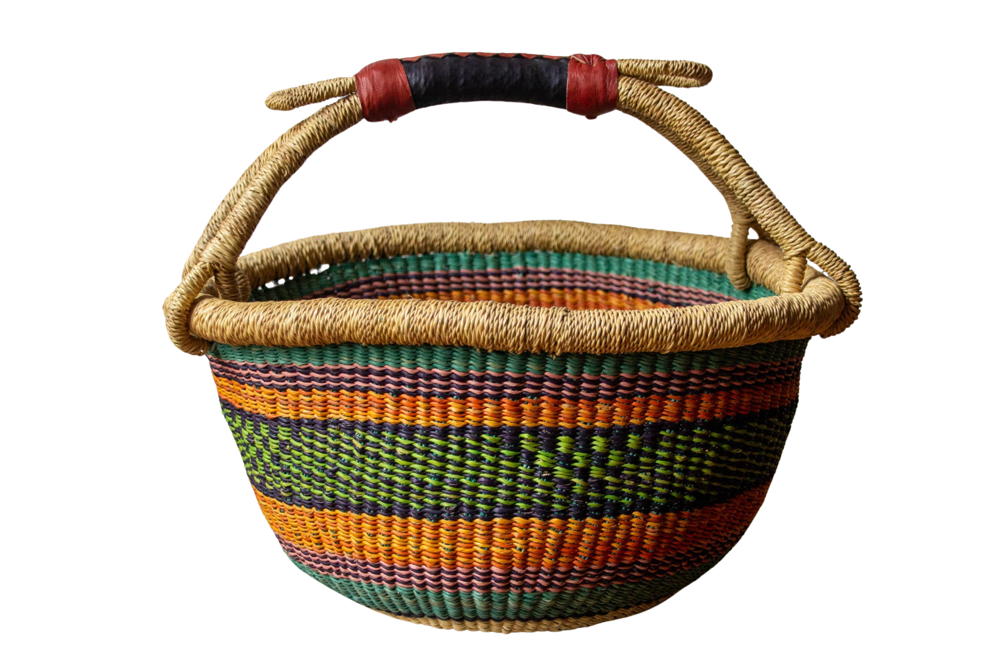 Turquoise and orange Round Basket of natural fiber