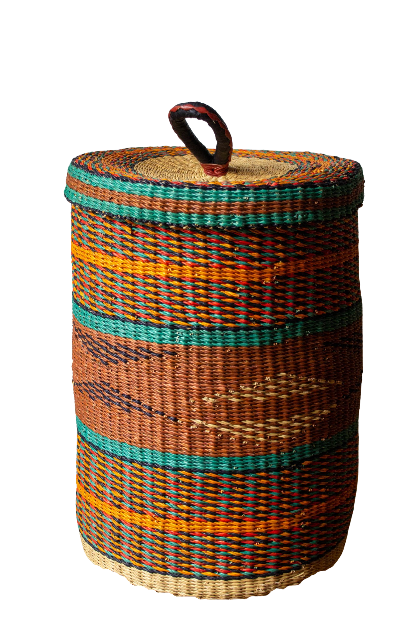 Laundry basket with brown and turquoise lid made of natural fiber 
