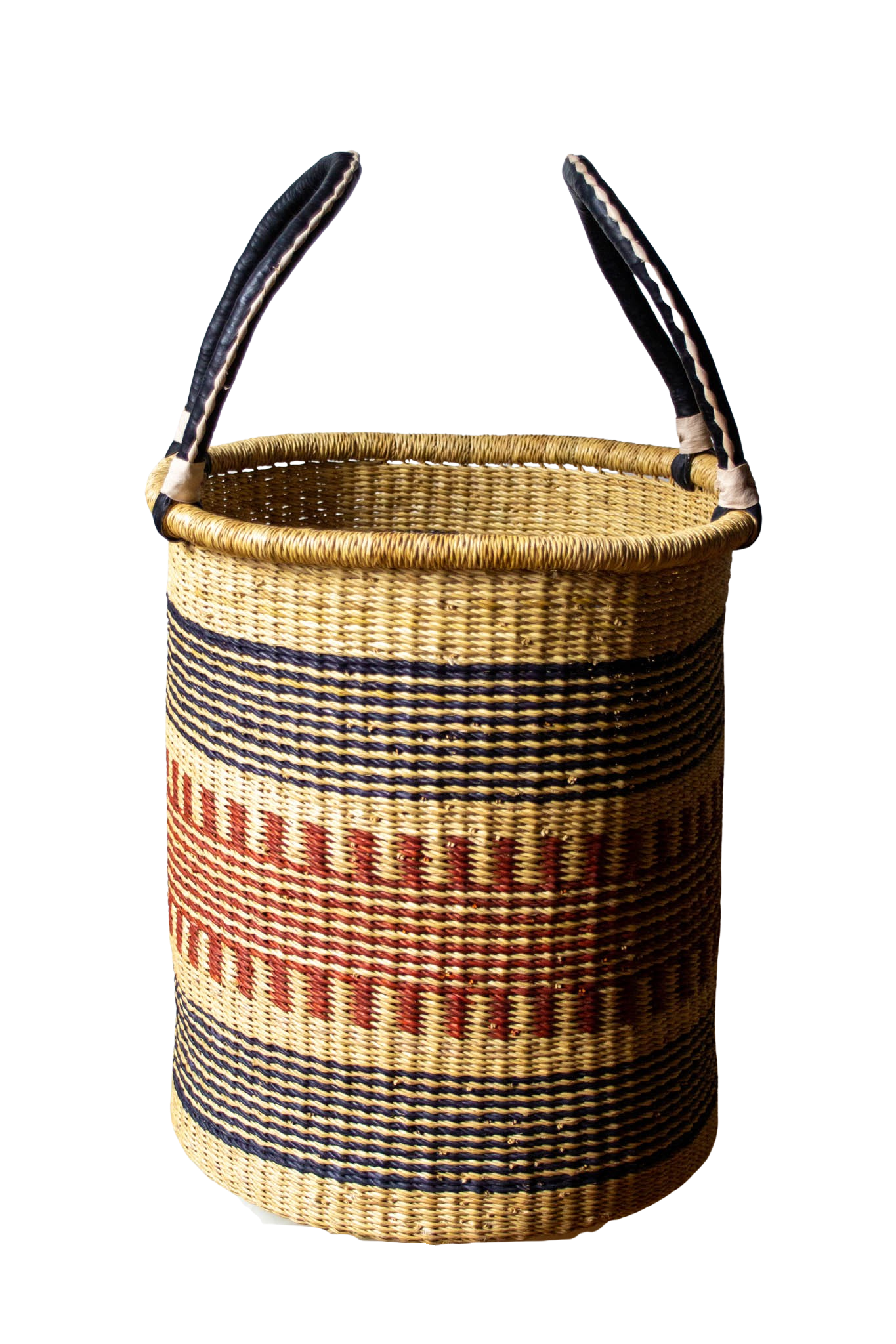 Laundry basket with black and maroon handles made of natural fiber 
