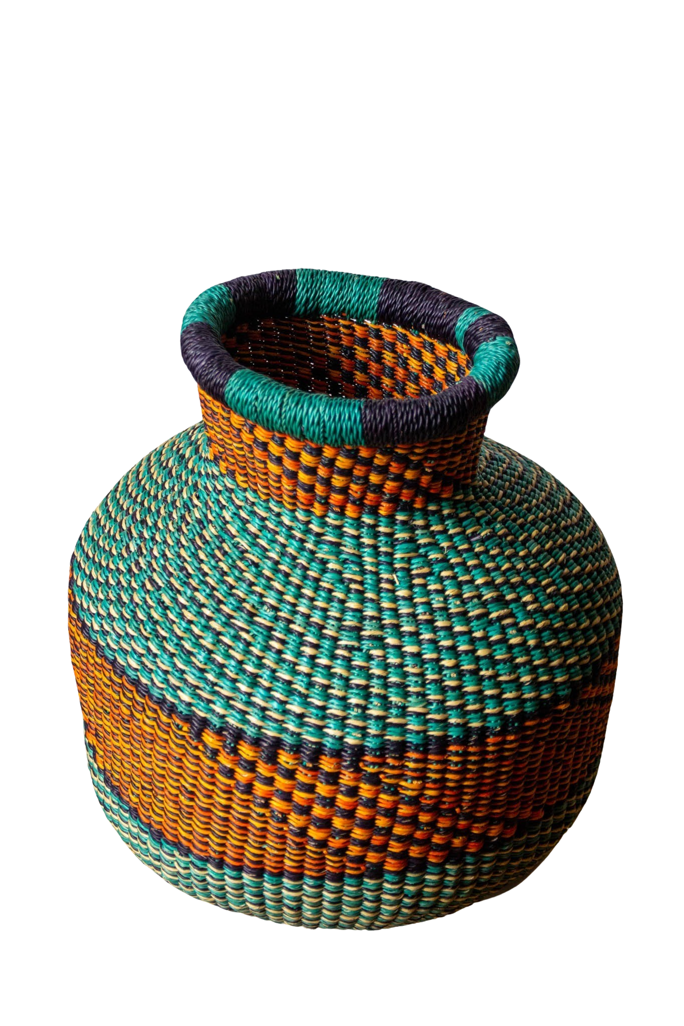 Tiny Jemima turquoise and ocher natural fiber African basket 