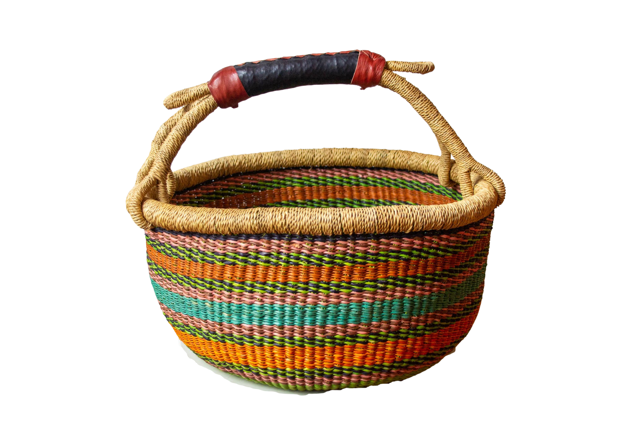 Round basket Baba color turquesa y naranja de fibra natural